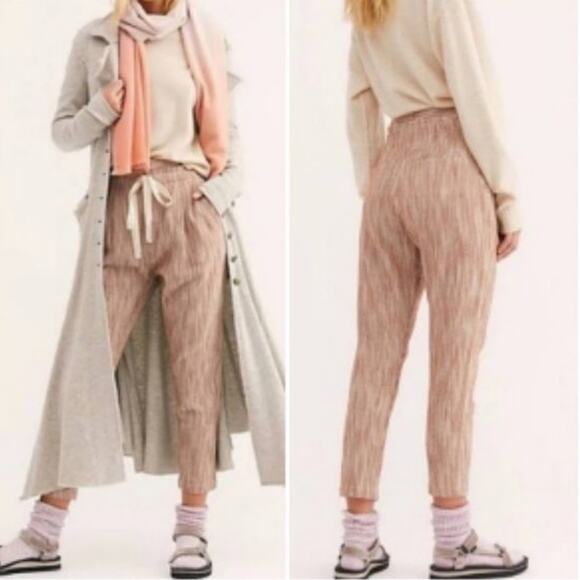 Free People Sunrise Crop Striped Jogger Pants Tie Waist Womens Sz 2 Orange Cream - Picture 8 of 14